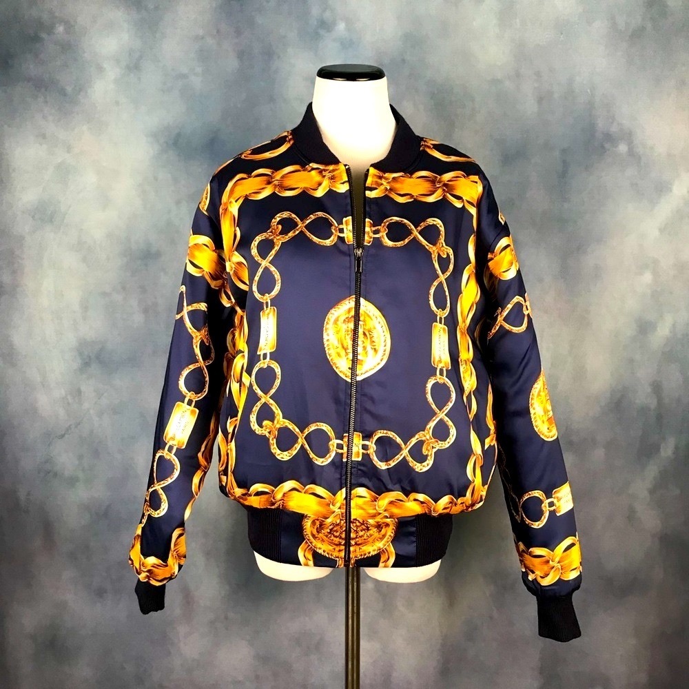 Blue gold chain print puff bomber jacket SZ S